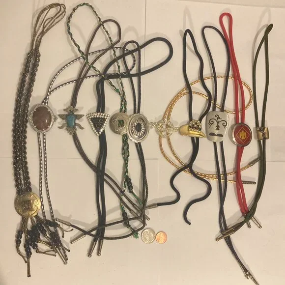 Vintage Lot of 11 Metal Bolo Ties, Very Nice Different Designs, Turquoise, Cowbo